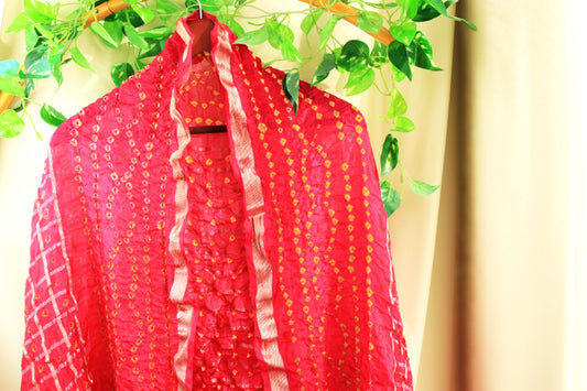 Red Hand printed Tie and Dye Silk Scarf