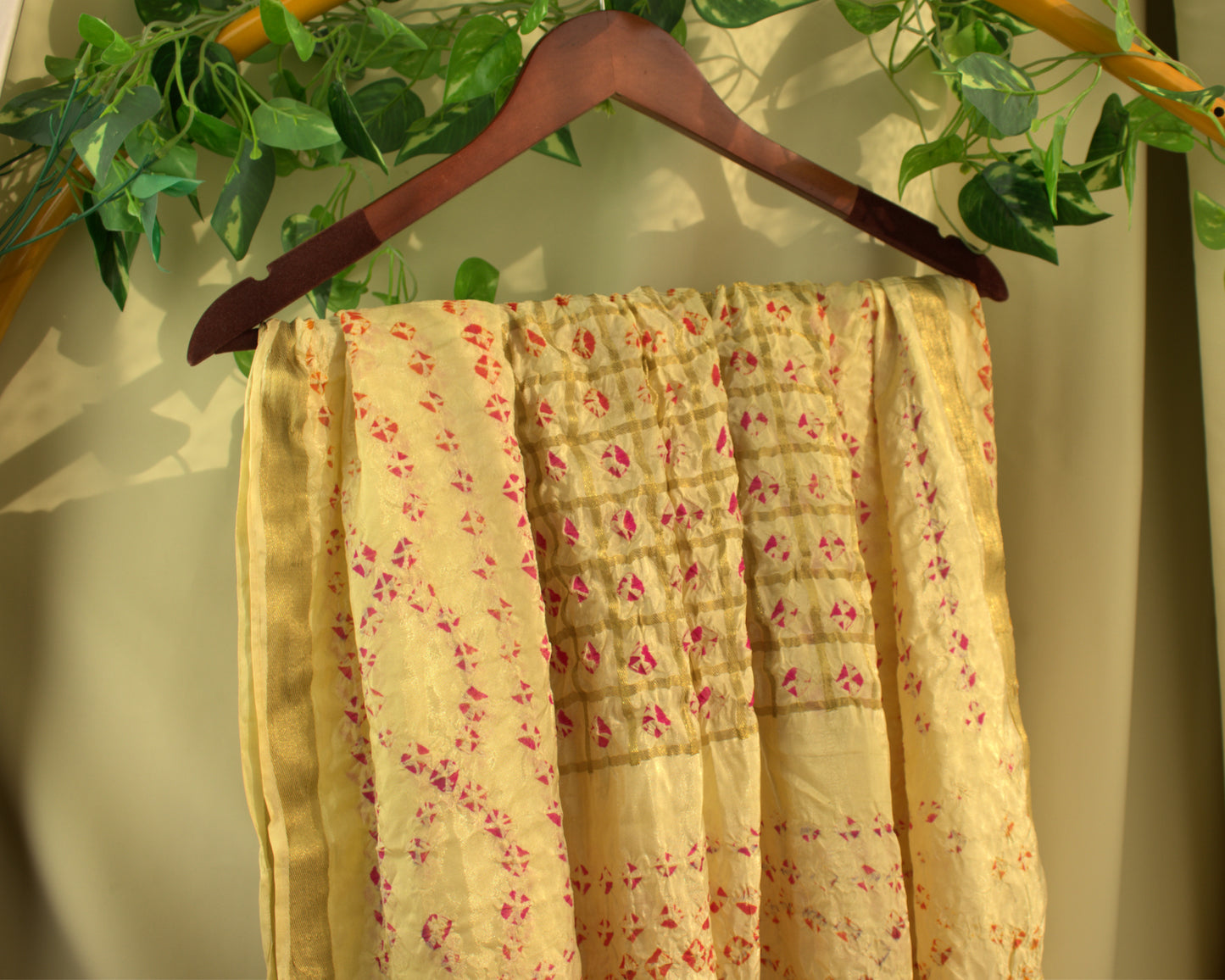 Yellow Hand printed Tie and Dye Silk Scarf