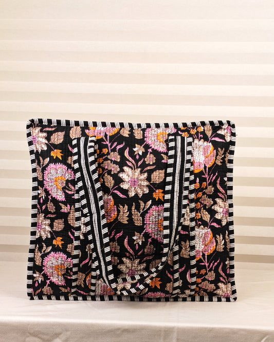 Black Blossom Quilted Tote Bag