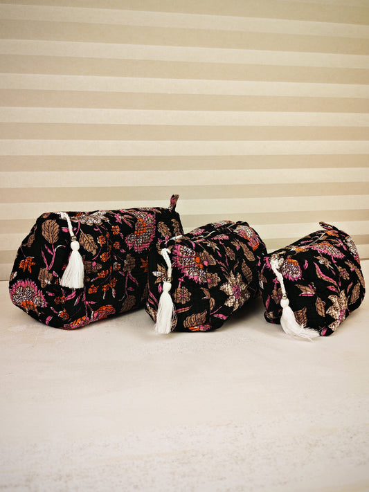 Black Blossom Toiletry bags set of 3