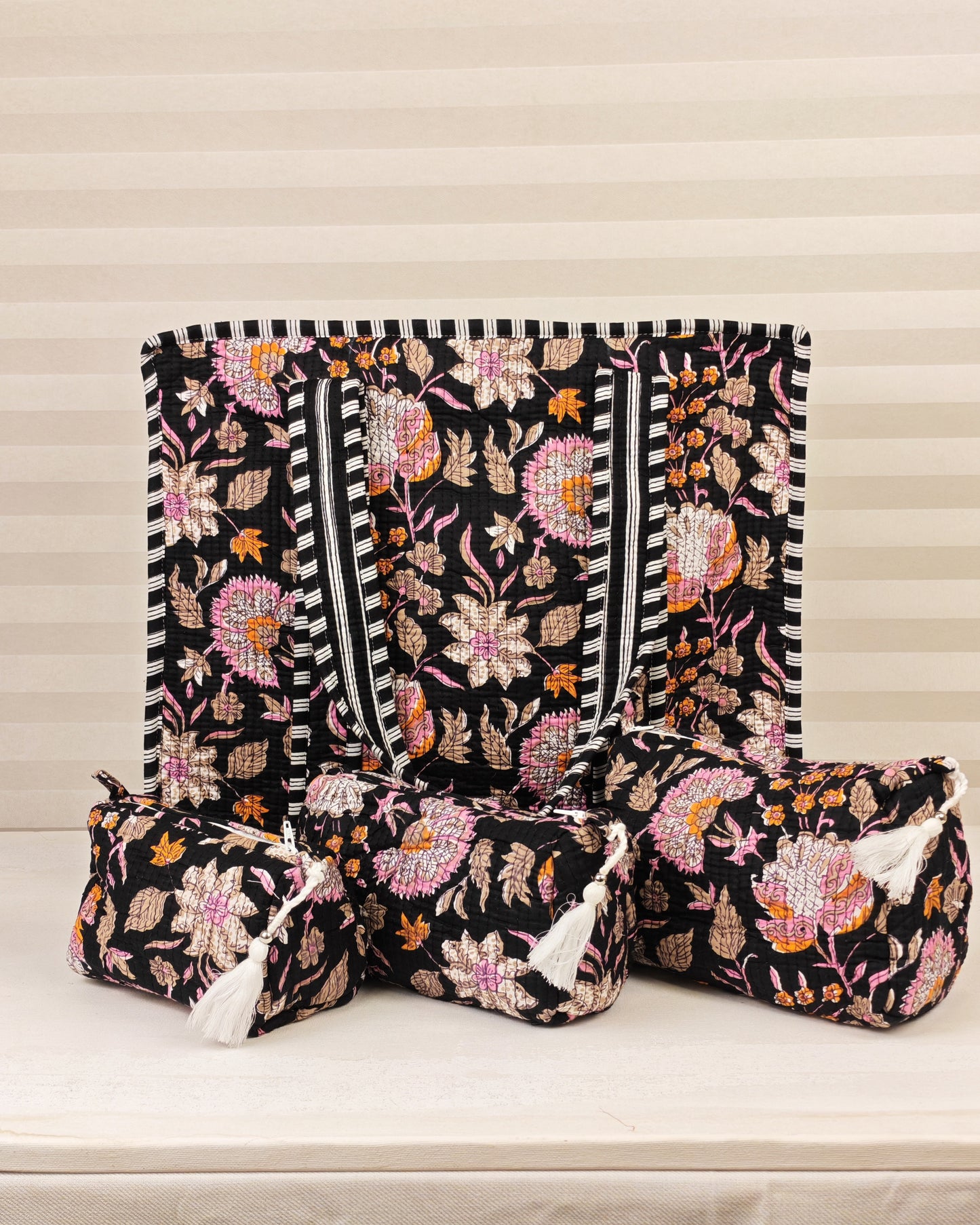 Black Blossom Tote & Toiletry Pouch Bundle — Handcrafted Elegance for Everyday Use