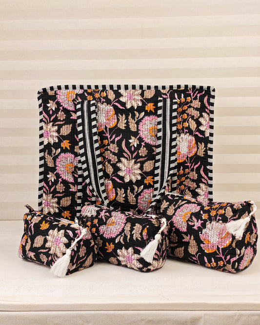 Black Blossom Tote & Toiletry Pouch Bundle — Handcrafted Elegance for Everyday Use