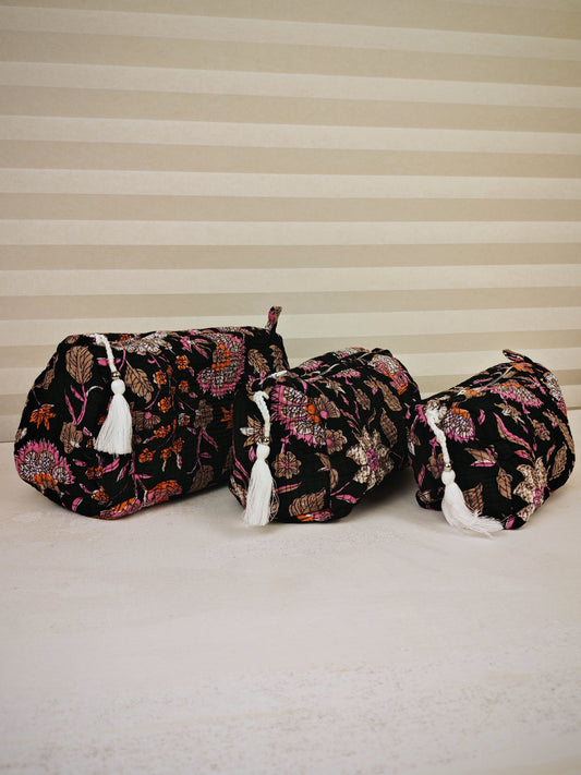 Black Blossom Toiletry bags set of 3