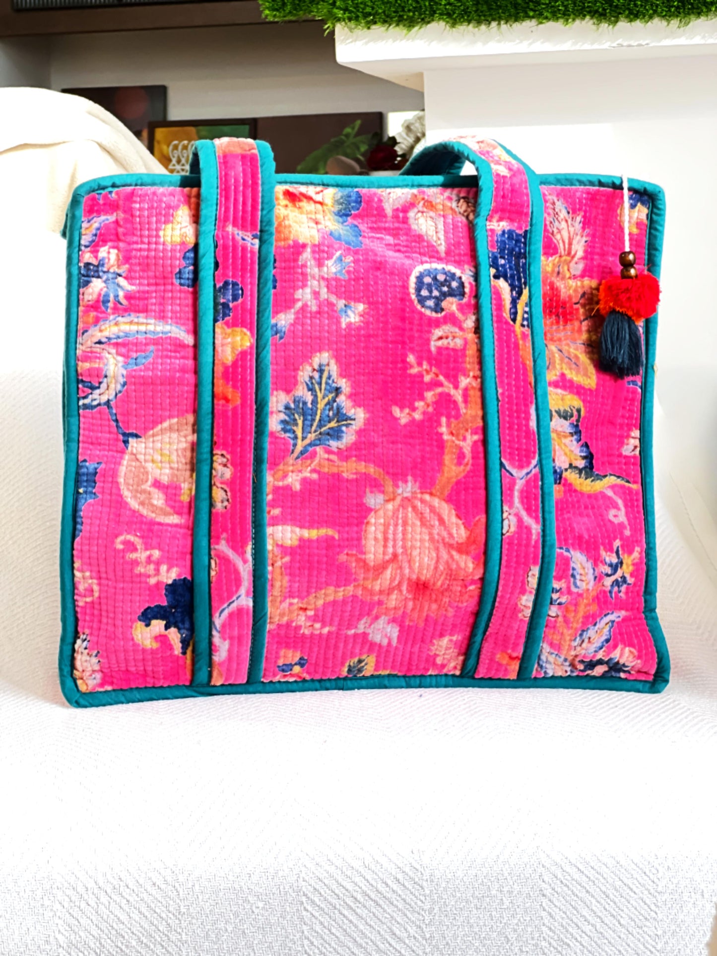 Velvet Quilted Tote Bag - Pink