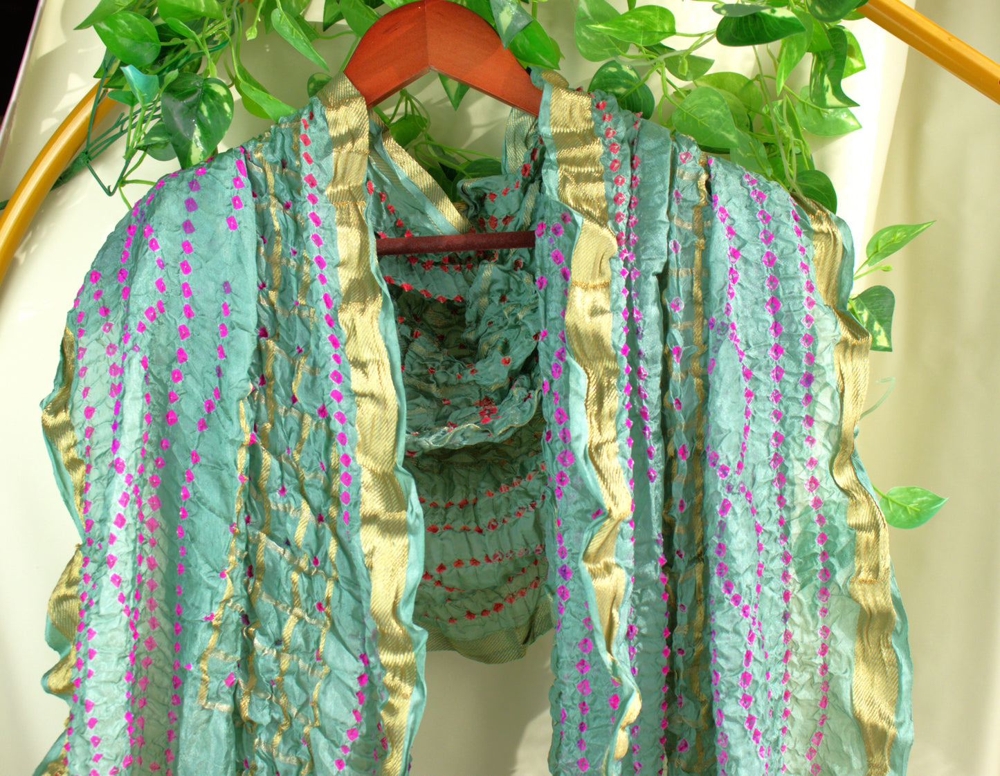 Teal Hand printed Tie and Dye Silk Scarf