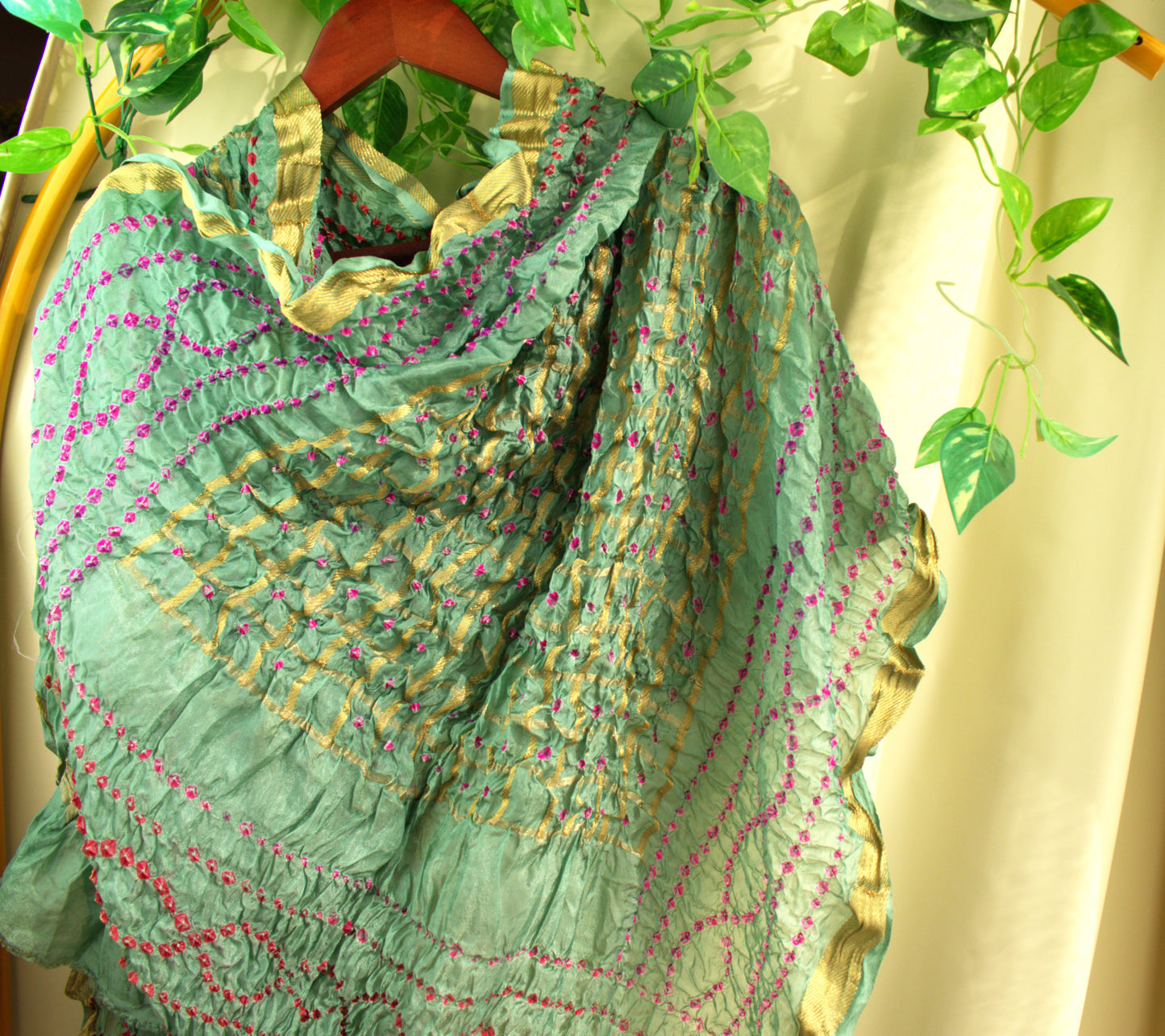 Teal Hand printed Tie and Dye Silk Scarf
