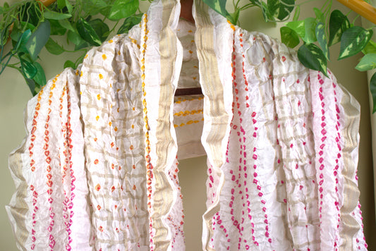 White Hand printed Tie and Dye Silk Scarf