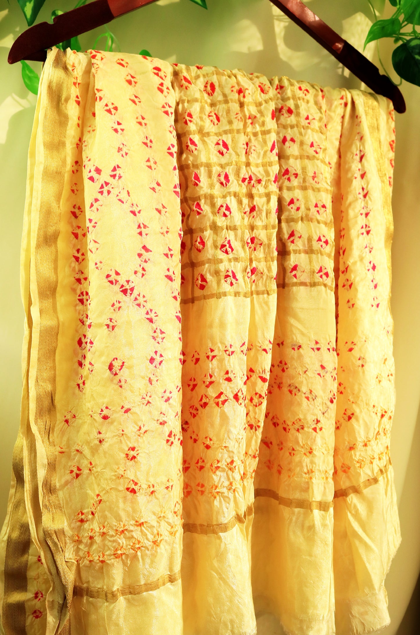 Yellow Hand printed Tie and Dye Silk Scarf