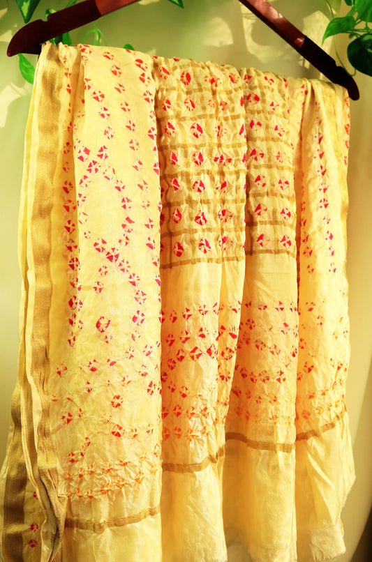 Yellow Hand printed Tie and Dye Silk Scarf
