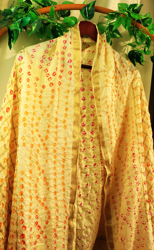 Yellow Hand printed Tie and Dye Silk Scarf