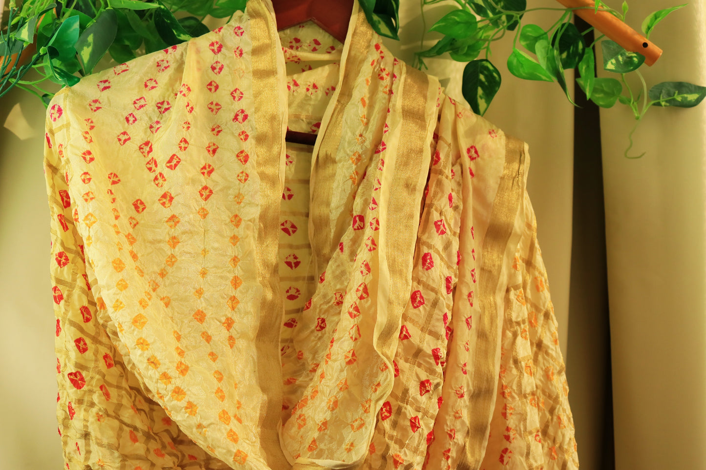 Yellow Hand printed Tie and Dye Silk Scarf