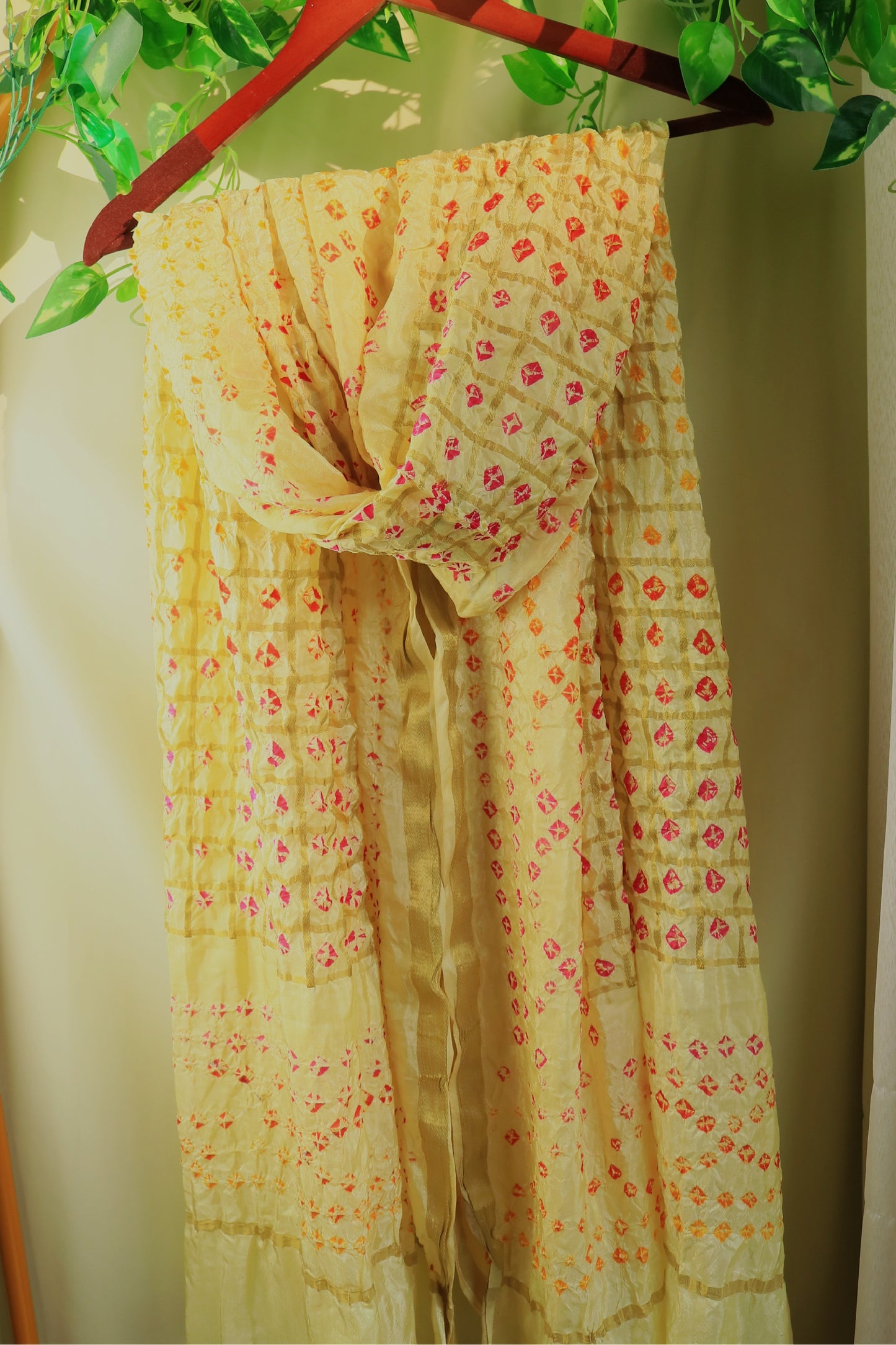 Yellow Hand printed Tie and Dye Silk Scarf